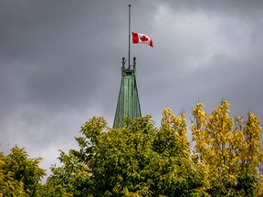 The Canadian flag at half-mast above the Peace Tower in memory of Queen Elizabeth.