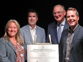 Left to right: Ottawa-Vanier MP Mona Fortier (also President of the Treasury Board), Stéphane Côté of DevMcGill, Jacques Frémont, president and cice-chancellor of the University of Ottawa, and city Coun. Mathieu Fleury attend the unveiling of a plaque to celebrate the completion of the Arts Court redevelopment project, Sept. 26, 2022.