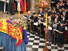 (front row) King Charles III, the Queen Consort, the Princess Royal, Vice Admiral Sir Tim Laurence, the Duke of York, the Earl of Wessex, the Countess of Wessex, (second row) the Duke of Sussex, the Duchess of Sussex, Princess Beatrice, Edoardo Mapelli Mozzi and Lady Louise Windsor, and (third row) Samuel Chatto, Arthur Chatto, Lady Sarah Chatto and Daniel Chatto in front of the coffin of Queen Elizabeth II during her State Funeral at the Abbey in London Monday September 19, 2022.