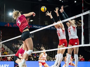 Kiera Van Ryk, (#3, Surrey, BC) in action during the FIVB Volleyball Nations League as Canada takes on Turkey at the Seven Chiefs Sportsplex in Calgary, Alberta on June 28, 2022.