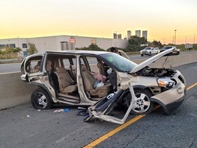 The remnants of a minivan after it was struck by a Jetta early Friday on Hwy. 400 in Vaughan, killing a 73-year-old North York woman in the van.