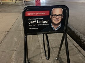 A municipal election sign on a bike stand in Westboro for incumbent councillor Jeff Leiper