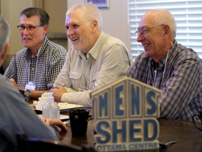 A breakfast meeting of Men's Shed Ottawa Centre is a pretty lively affair at the Hometown Sports Grill with plenty of chit chat and laughter. 
Here (from left), Doug Eckold, Rodney Norman and Jack Lazarus, enjoy some spirited ribbing from the other guys.