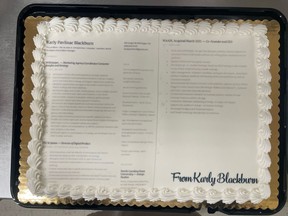 Cake with resume printed on it.