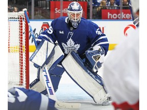 Toronto Maple Leafs number 35 Ilya Samsonov waits for a rebound against the Ottawa Senators during an NHL game at Scotiabank Arena on October 15, 2022 in Toronto, Ontario, Canada.  The Maple Leafs defeated the Senators 3-2.