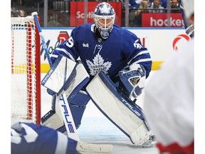 Toronto Maple Leafs number 35 Ilya Samsonov waits for a rebound against the Ottawa Senators during an NHL game at Scotiabank Arena on October 15, 2022 in Toronto, Ontario, Canada. The Maple Leafs defeated the Senators 3-2.