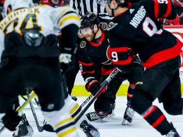 Ottawa Senators right wing Claude Giroux (28) battles to win a faceoff during first period NHL action at Canadian Tire Centre on Oct. 18, 2022.