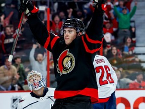 Ottawa Senators centre Shane Pinto (57) celebrates his goal against the Washington Capitals during third period NHL action at the Canadian Tire Centre on October 20, 2022.