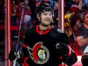 Ottawa Senators center Josh Norris (9) celebrates his goal against the Arizona Coyotes during first period NHL action at the Canadian Tire Centre on October 22, 2022.