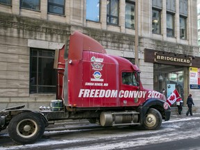 The words "Freedom Convoy 2022" are visible on a truck that took part in the demonstration against COVID-19 restrictions in Ottawa on Feb. 13, 2022.