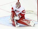 Goaltender Magnus Hellberg (45) makes a save while playing for the Detroit Red Wings in 2022.