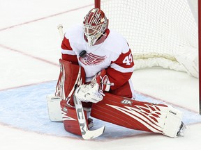 Goaltender Magnus Hellberg (45) makes a save while playing for Detroit Red Wings in 2022.