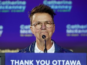 Catherine McKenney gives a speech to their family and supporters after losing the election in Ottawa on Oct. 24, 2022.