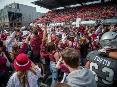 It's a sea of Gee-Gees fans on the field after their team's 37-7 win over the Ravens.