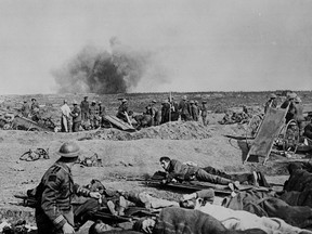 Somme, France; September 1916-- First World War-- German shell bursts close to advanced Dressing Station.