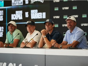 Oct 26, 2022; Miami, Florida, USA; Phil Mickelson sits next to Joaquin Niemann, Ian Poulter and Brooks Koepka during a press conference before the LIV Golf series at Trump National Doral.