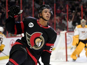 Ottawa Senators right wing Mathieu Joseph (21) celebrates his goal against Nashville Predators goaltender Juuse Saros (74) during second period NHL hockey action in Ottawa, on Thursday, April 7, 2022.