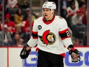 Ottawa Senators defenceman Nikita Zaitsev (22) reacts after getting called for a penalty during the second period against the Detroit Red Wings at Little Caesars Arena, Apr. 12, 2022.