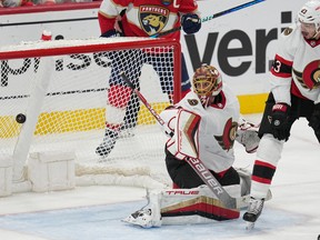 Ottawa Senators goaltender Anton Forsberg looks back at a goal scored by Florida Panthers defenceman Brandon Montour.