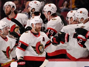 Ottawa Senators forward Claude Giroux (28) celebrates with teammates after scoring a goal against the Montreal Canadiens during the second period at the Bell Centre.