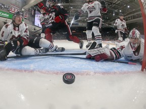 Storm goalie Jacob Oster and defenceman Michael Buchinger (left) look on as Vinzenz Rohrer of the 67’s celebrates a Brady Stonehouse goal in Sunday’s 6-3 Ottawa win at TD Place Arena.