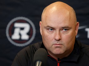 Ottawa Redblack's General Manager Shawn Burke talks to the media during a press conference at TD Place in Ottawa Monday.