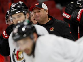 Senators head coach D.J. Smith during the Ottawa Senators' practice at the Canadian Tire Centre in Ottawa Monday.