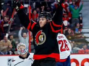 Senators centre Shane Pinto celebrates his third-period goal, which turned out to be the game winner against the Capitals on Thursday night.