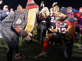 Ottawa Redblack Jackson Bennett proposed to his girlfriend Hailee Phillips at TD Place after the game against the Montreal Alouettes on Oct. 14, 2022. (She said yes.)