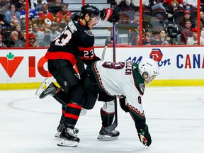Senators look impressive in 6-2 win over Coyotes 4 Senators defenseman Travis Hamonic knocked down Coyotes right winger Clayton Keller during the second period of Saturday's game.