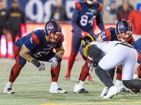 "We know they're a tough team and opponent, but we're going to be a tough opponent as well," Alouettes guard Kristian Matte, left, says about Montreal's playoff game against the Tiger-Cats.
