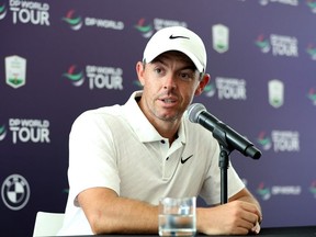 Rory McIlroy of Northern Ireland attends the press conference during the DP World Tour Championship - Rolex Pro-AM prior to the DP World Tour Championship on the Earth Course at Jumeirah Golf Estates on November 15, 2022 in Dubai, United Arab Emirates.