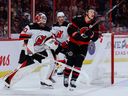 The Ottawa Senators left winger Brady Tkachuk, 7, and New Jersey Devils goaltender Akira Schmidt, 40, in NHL action for the first period at the Canadian Tire Center on Saturday, November 19, 2022. .