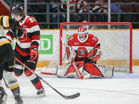 Ottawa 67's goaltender Max Donoso let in a pair of third-period goals but made a spectacular save in the final moments to preserve a 4-3 win over the Bulldogs in Hamilton on Friday night.