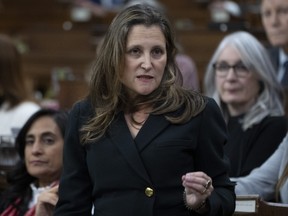 Deputy Prime Minister and Finance Minister Chrystia Freeland rises during Question Period, Thursday, November 17, 2022 in Ottawa.
