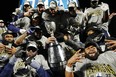 Members of the Toronto Argonauts celebrate after beating the Winnipeg Blue Bombers in the 109th Grey Cup at Mosaic Stadium in Regina, Sunday, Nov. 20, 2022.