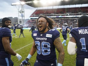 Toronto Argonauts running back Declan Cross (38) reacts after their East final win over the Montreal Alouettes at BMO Field.