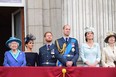 Queen Elizabeth II, Meghan, Duchess of Sussex, Prince Harry, Duke of Sussex, Prince William Duke of Cambridge and Catherine, Duchess of Cambridge watch the RAF 100th anniversary flypast from the balcony of Buckingham Palace on July 10, 2018 in London, England. (Photo by Paul Grover - WPA Pool/Getty Images)
