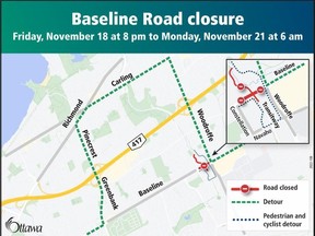 A map provided by the City of Ottawa shows the section of Baseline Road that will be closed between Friday evening and Monday morning, as well as detour routes.