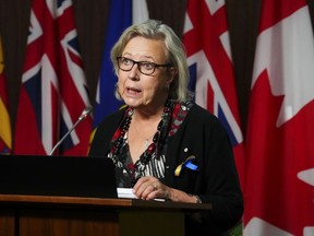 Green Party leadership candidate Elizabeth May speaks during a press conference on Parliament Hill in Ottawa, Sept. 29, 2022.