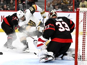 Vegas Golden Knights right wing Keegan Kolesar (55) tries to get a shot on Ottawa Senators goaltender Cam Talbot (33) during third period NHL hockey action in Ottawa, on Thursday, Nov. 3, 2022.