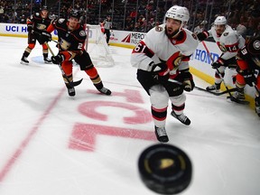 Senators center Derrick Brassard will pursue the puck against Ducks center Isaac Landerstrom in the third period of Friday's game in Anaheim.