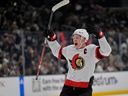 Ottawa Senators left wing Brady Tkachuk (7) celebrates after beating the Los Angeles Kings in overtime at Crypto.com Arena.