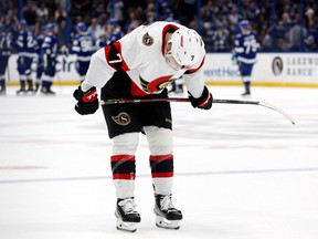 Ottawa Senators captain Brady Tkachuk reacts after Tuesday night's loss in Tampa, Fla. The Senators remain winless on the road this season.