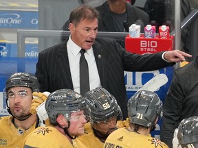Vegas Golden Knights head coach Bruce Cassidy is behind the bench against the Winnipeg Jets during the third period at T-Mobile Arena, Oct. 20, 2022.