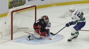 Ottawa Senators goalie Cam Talbot gives up a goal to Vancouver Canuck Olya Mikheyev during the second period on Tuesday night at the CTC.