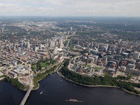 View of Parliament Hill and the City of Ottawa from a helicopter.