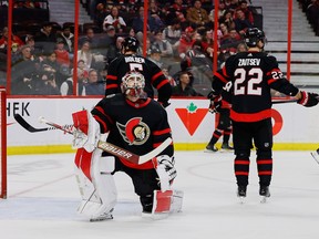 Ottawa Senators goaltender Cam Talbot and defencemen Nick Holden and Nikita Zaitsev react after the Los Angeles Kings scored their fifth goal of the game during second period NHL action at the Canadian Tire Centre on Tuesday, Dec. 6, 2022.
