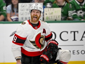 Claude Giroux has a significant impact on the Senators so far this season. Giroux sticks out his tongue after getting hit with a high stick by Dallas Stars centre Joe Pavelski (not pictured) during the second period at the American Airlines Center.