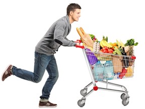 Man running while shopping for groceries.